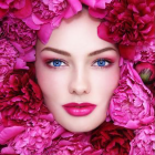 Digital artwork: Woman's face with vibrant pink and red flowers, red eyes and lips.