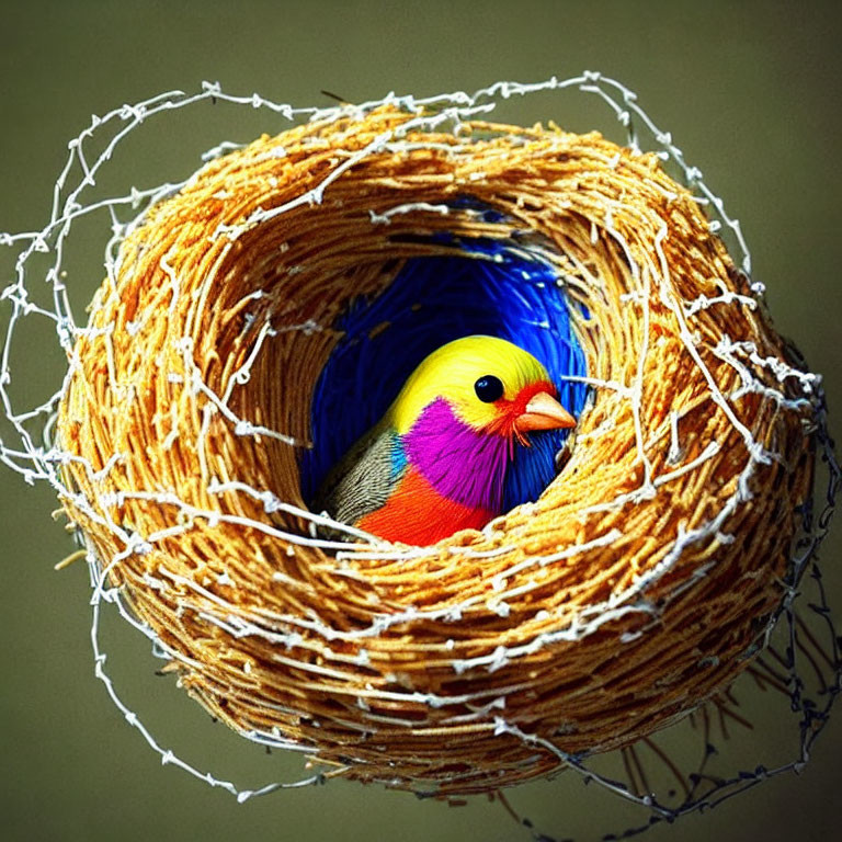 Vibrant Yellow, Blue, and Pink Bird Nestled in Circular Woven Nest
