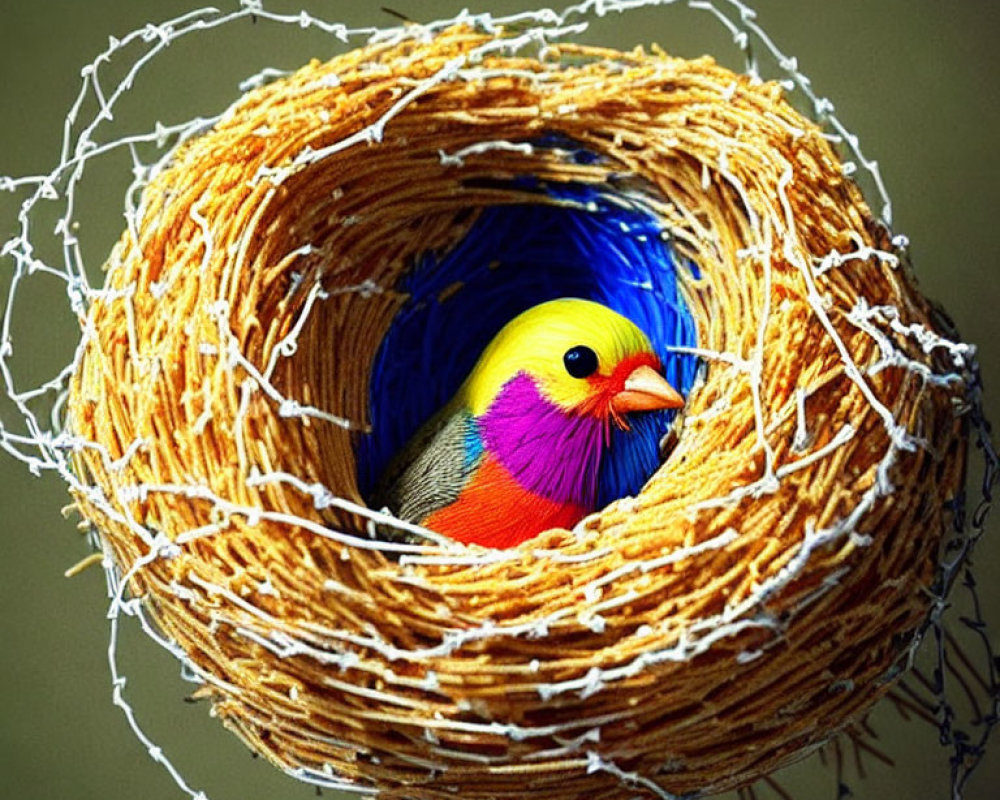 Vibrant Yellow, Blue, and Pink Bird Nestled in Circular Woven Nest