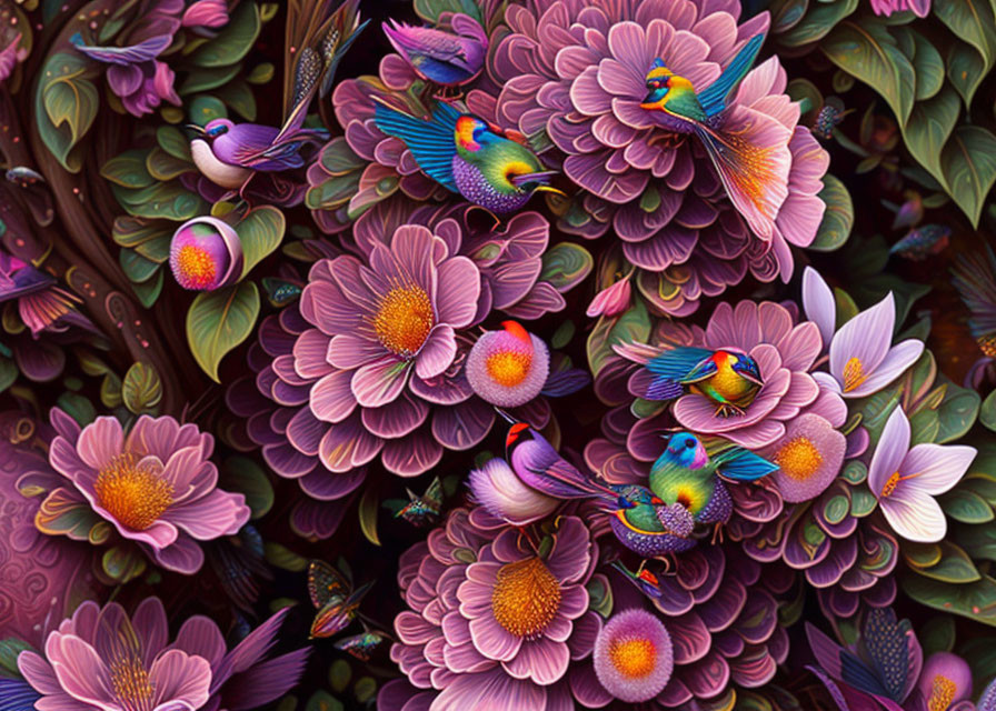 Colorful digital artwork: Hummingbirds and chrysanthemums in vibrant display
