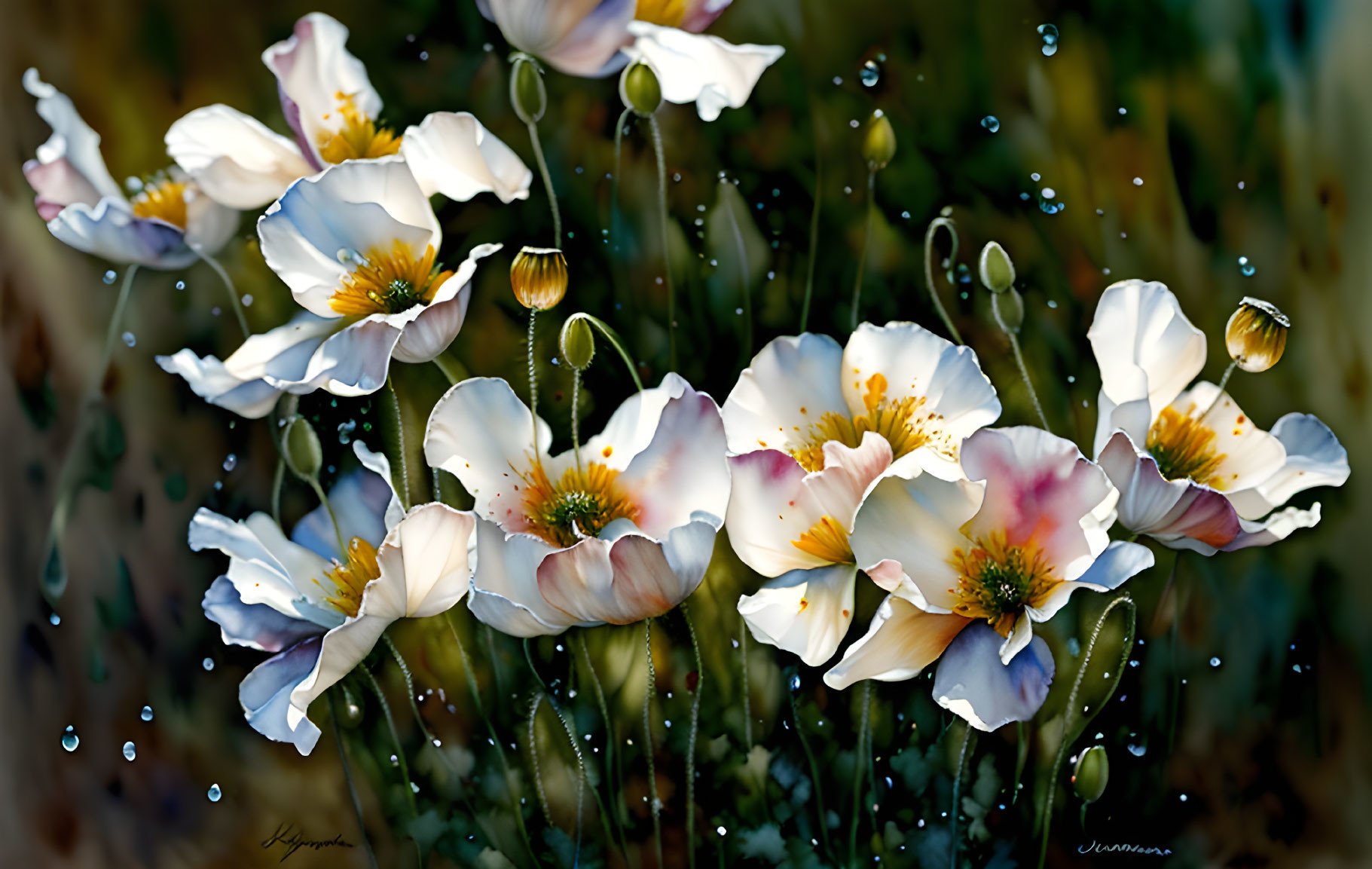 White Poppies with Yellow Centers and Dew Drops on Petals and Buds in Soft Bokeh