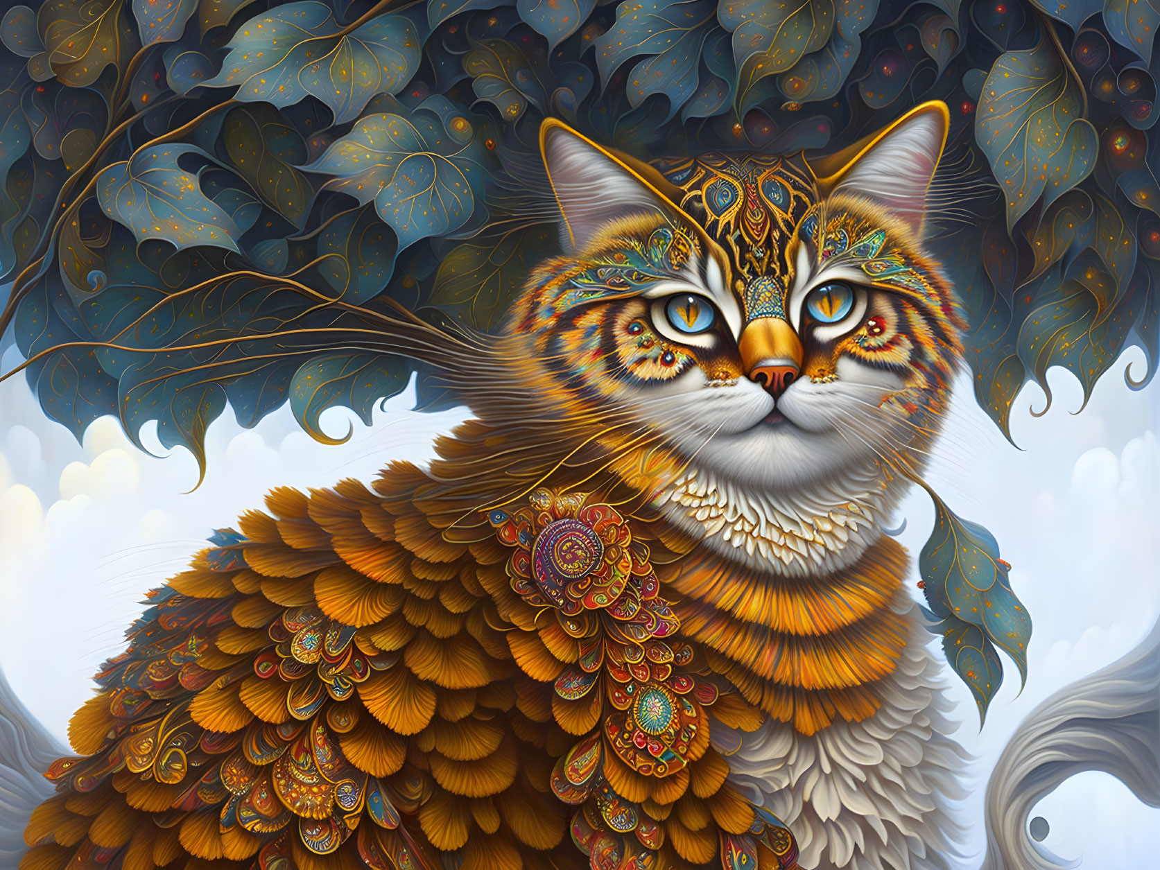 Colorful Illustration of a Fantastical Cat with Elaborate Feathers