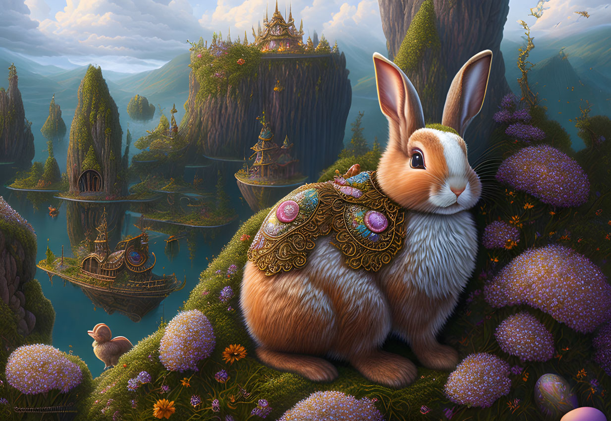 Fantasy landscape with large rabbit and decorative saddlebags