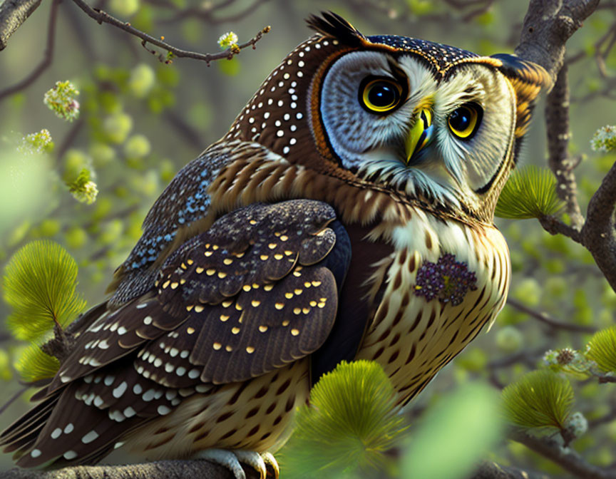 Detailed Owl Illustration with Striking Yellow Eyes Perched on Branch