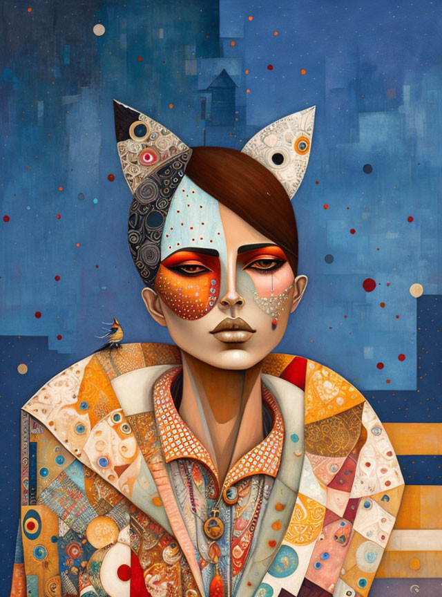 Surreal portrait of figure with cat ears in intricate outfit on blue background