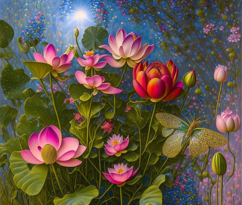 Colorful Painting of Pink Lotus Flowers, Dragonfly, and Foliage on Blue Background