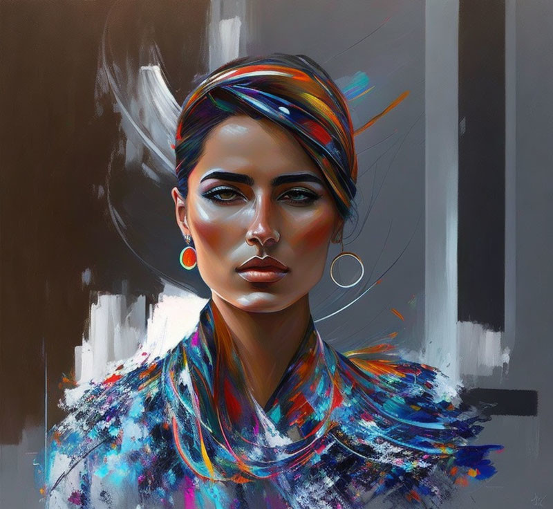 Vibrant digital portrait of woman with striking makeup and headscarf