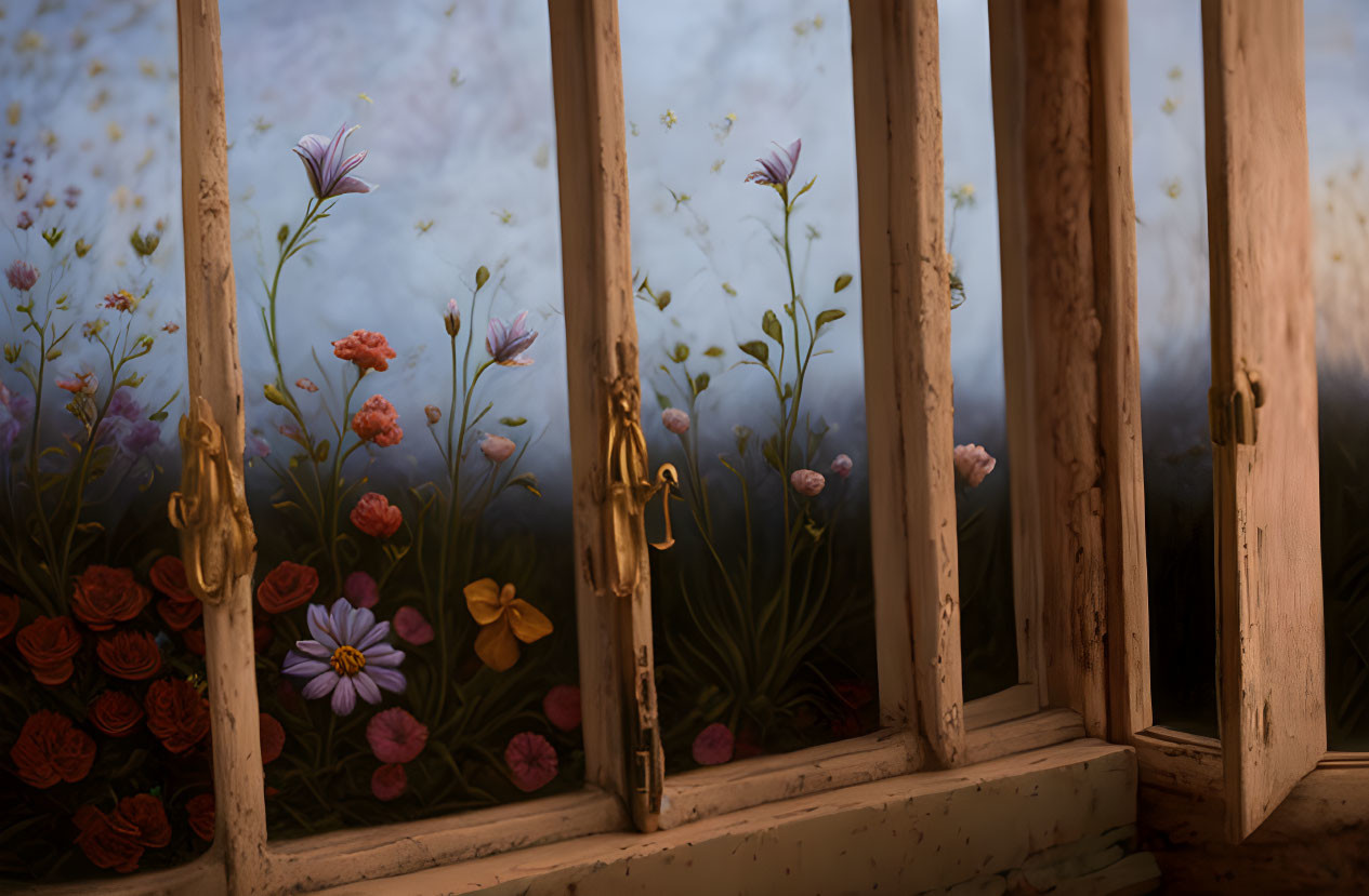 Blooming garden view through open wooden window frame