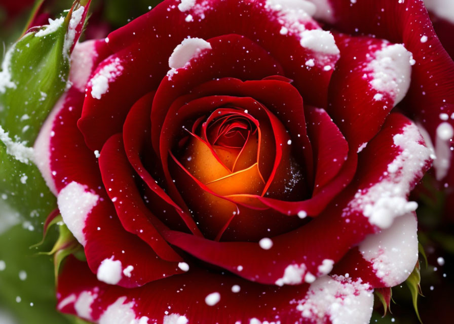 Red Rose Covered in Snowflakes on Blurred Background