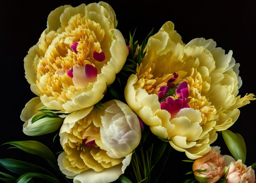 Colorful yellow and pink peonies with green leaves on dark background.