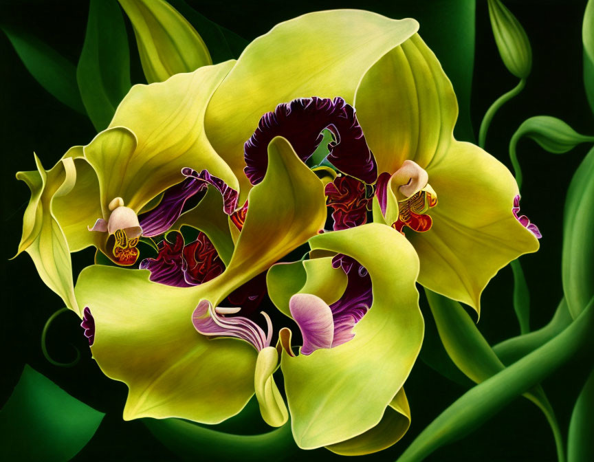 Detailed Yellow and Purple Orchids on Dark Background