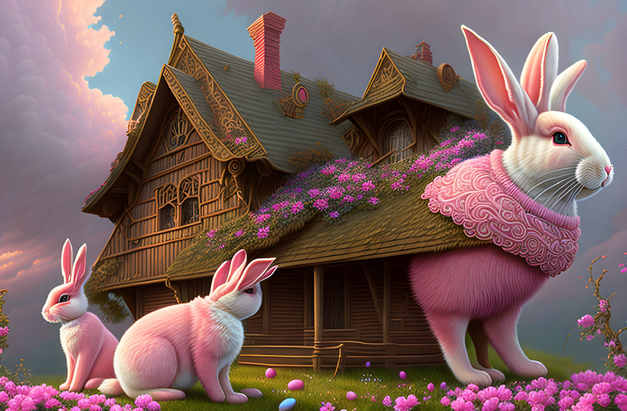 Pink rabbits in front of whimsical wooden house with Easter eggs on cloudy sunset