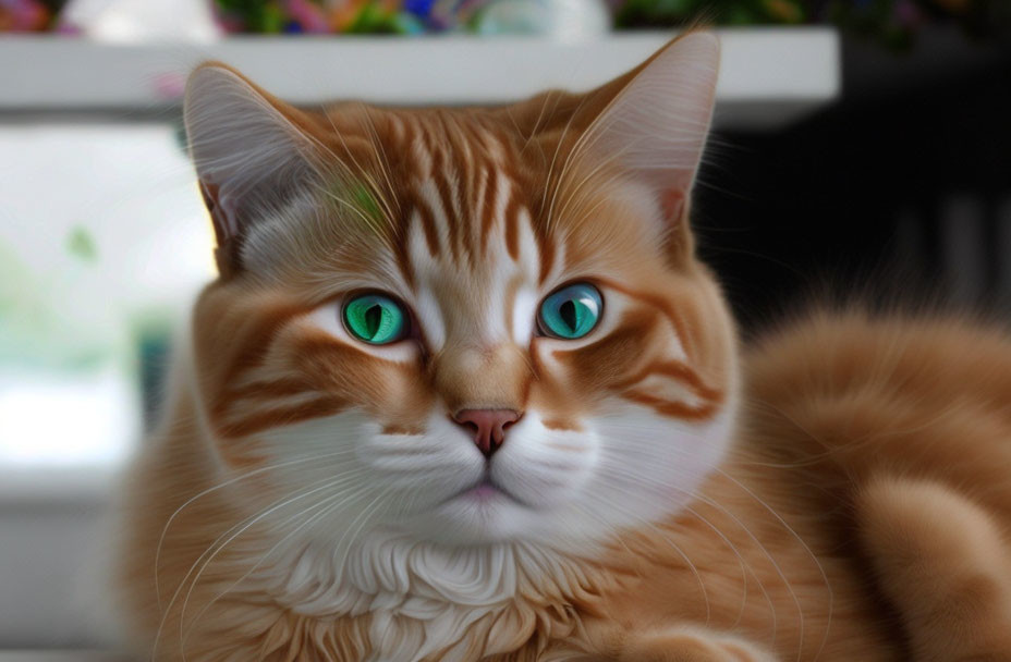 Orange Tabby Cat with Green Eyes and Fluffy Coat Staring at Camera