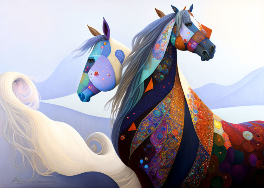 Vibrantly colored horses with intricate patterns against a mountain backdrop