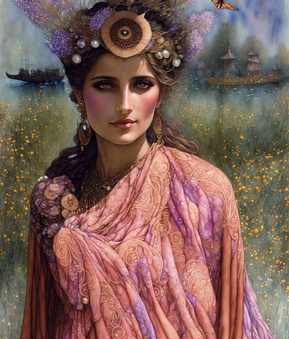 Fantasy portrait of a woman with headpiece and pink cloak in ethereal landscape