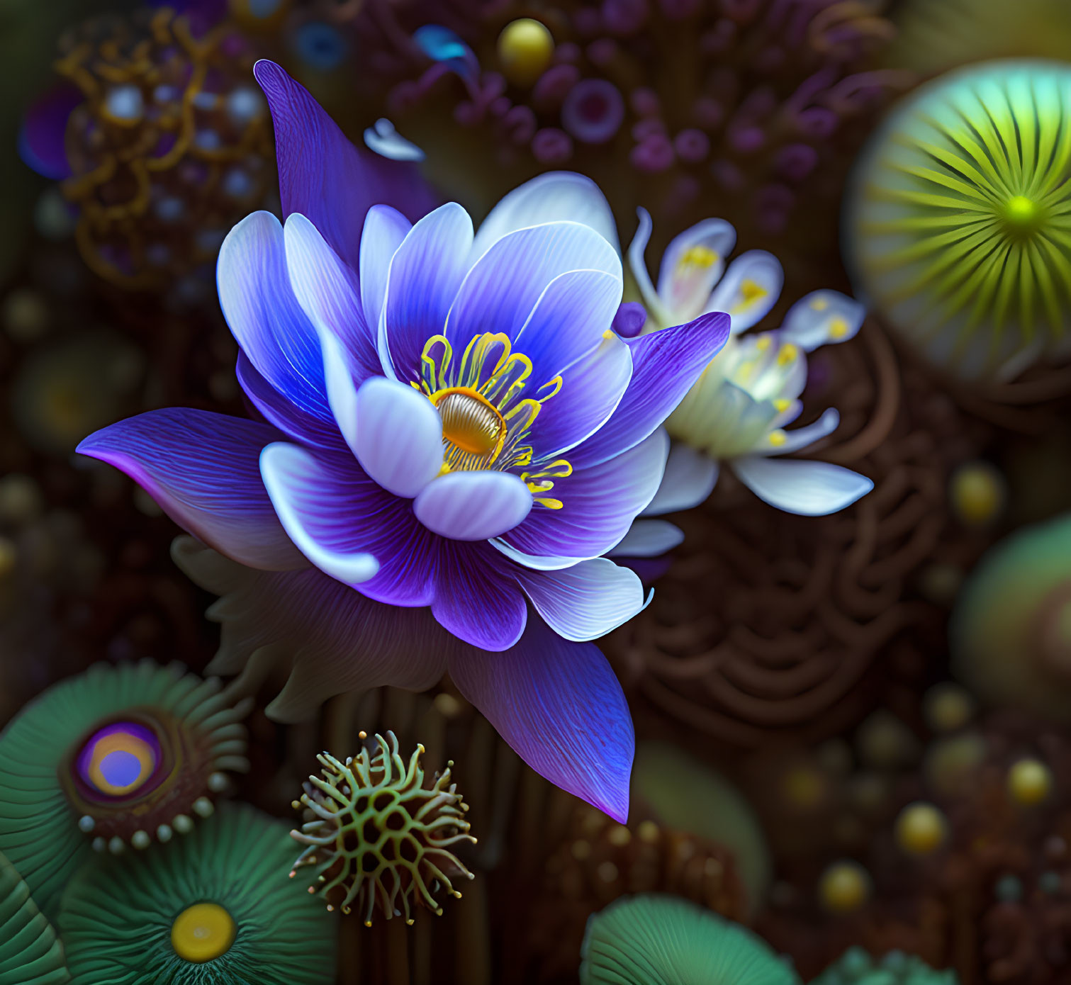 Colorful Digital Illustration of Purple Flower Surrounded by Fantasy Plants