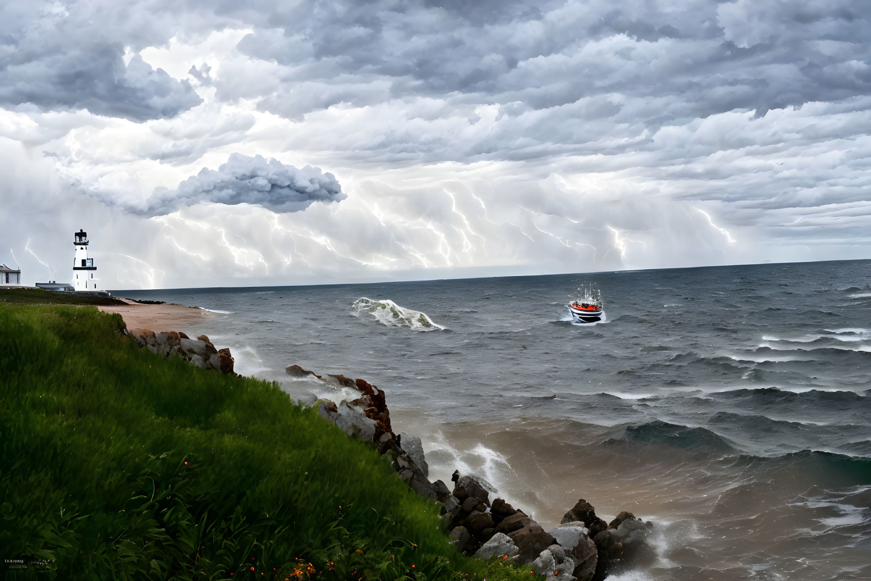 Small boat in choppy waters near rocky shore under dramatic sky with lighthouse before storm.