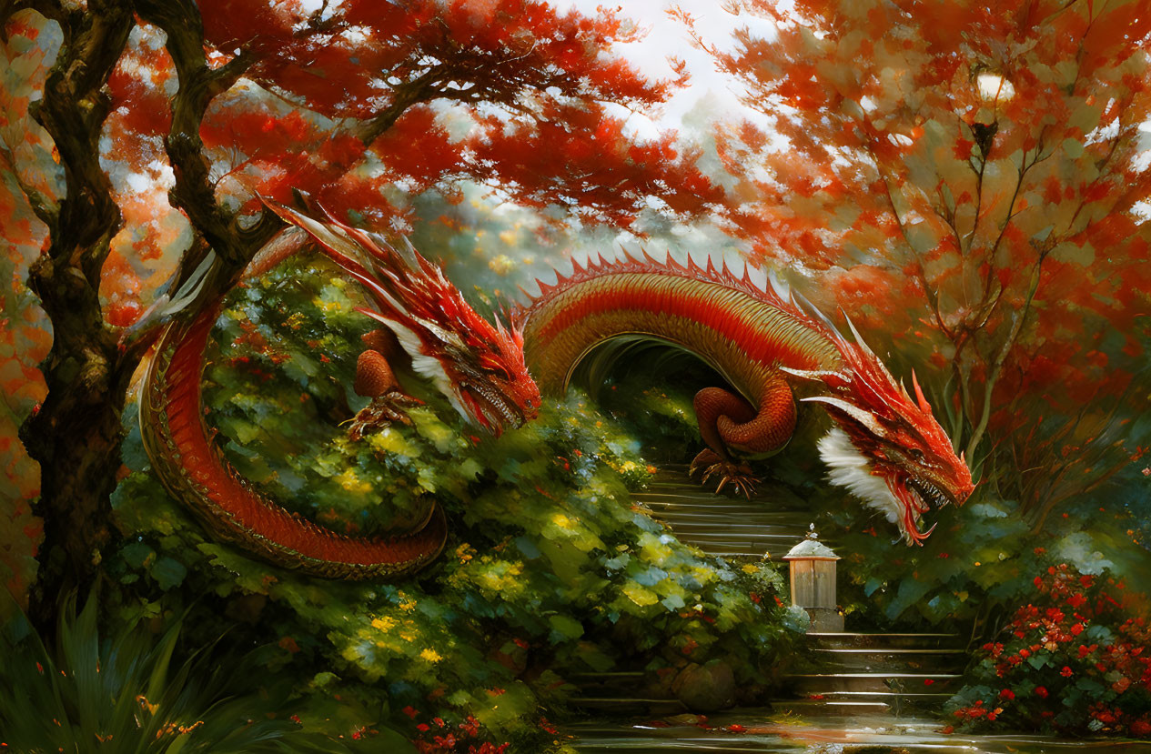 Red Dragon Coiling Around Autumn Staircase Amid Warm Light