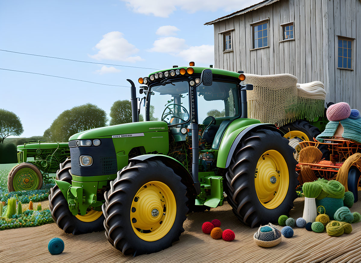 Green tractor by barn with colorful yarn balls, grass, trees, blue sky