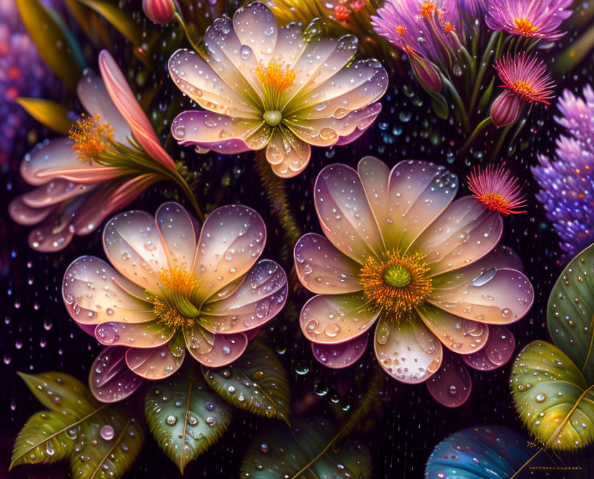 Colorful digital art of dew-covered flowers in translucent petals amidst lush foliage in purple rain
