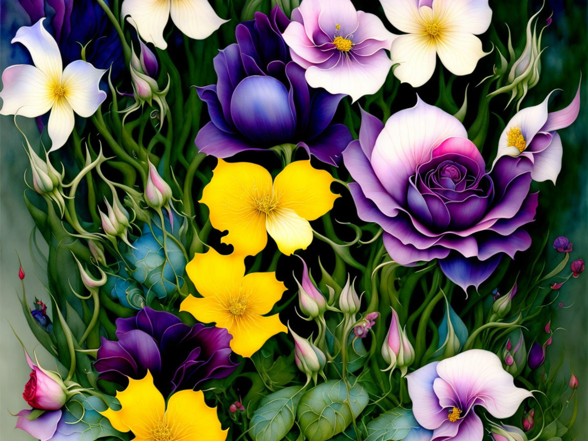 Colorful array of purple, yellow, and white flowers on lush green backdrop
