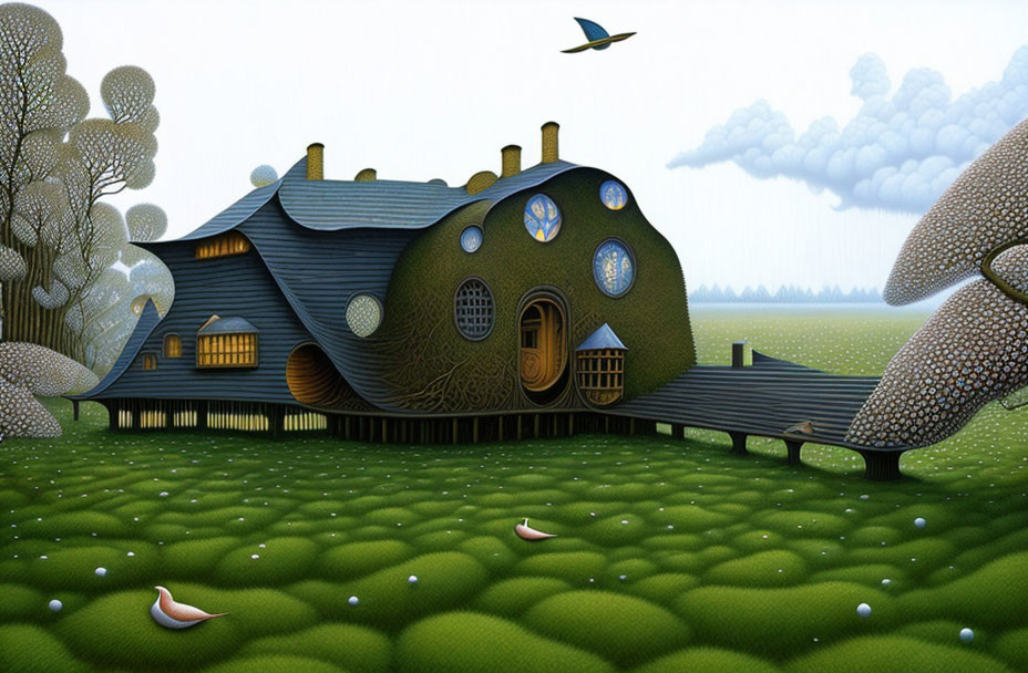 Whimsical house illustration in green field with stylized trees