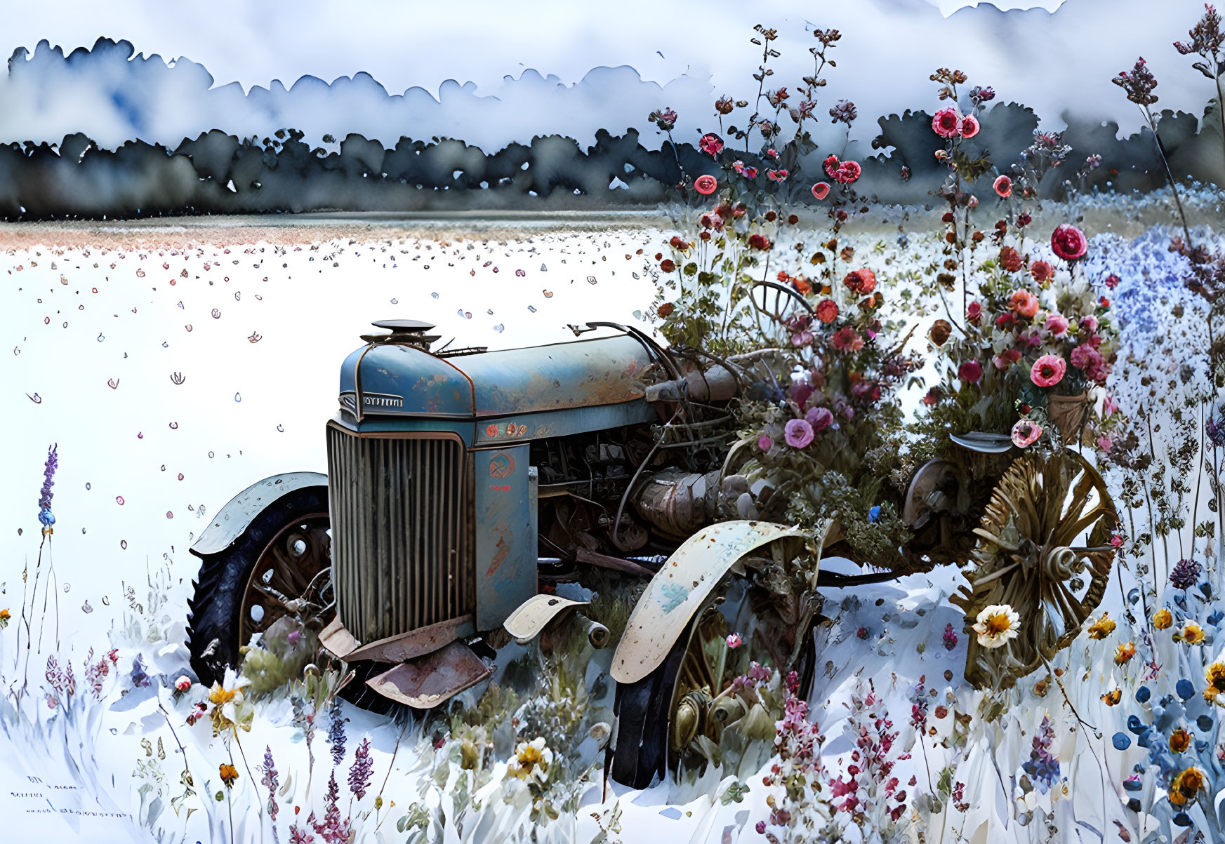 Rusty tractor in snow-covered field with wildflowers and cloudy skies