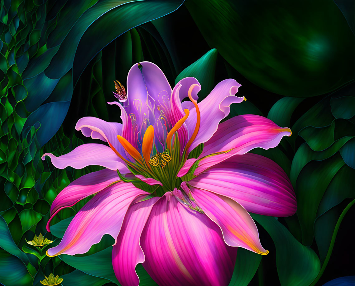 Detailed digital illustration of vibrant pink flower and butterfly on dark green backdrop