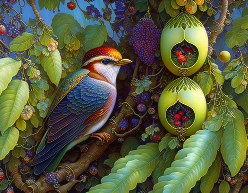 Colorful Bird on Branch with Lush Leaves and Fruit Resembling Jeweled Easter Eggs