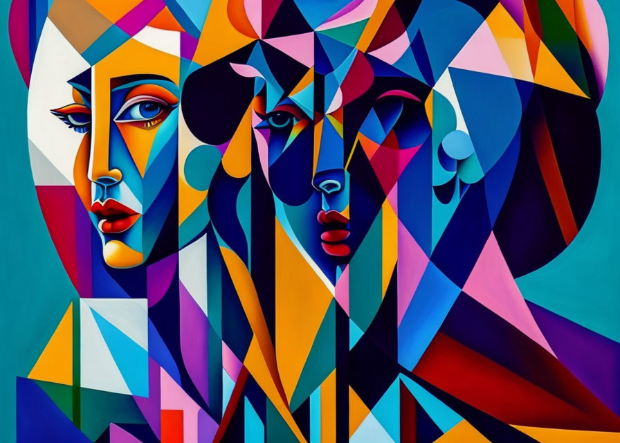 Colorful Cubist Painting with Overlapping Faces & Geometric Shapes