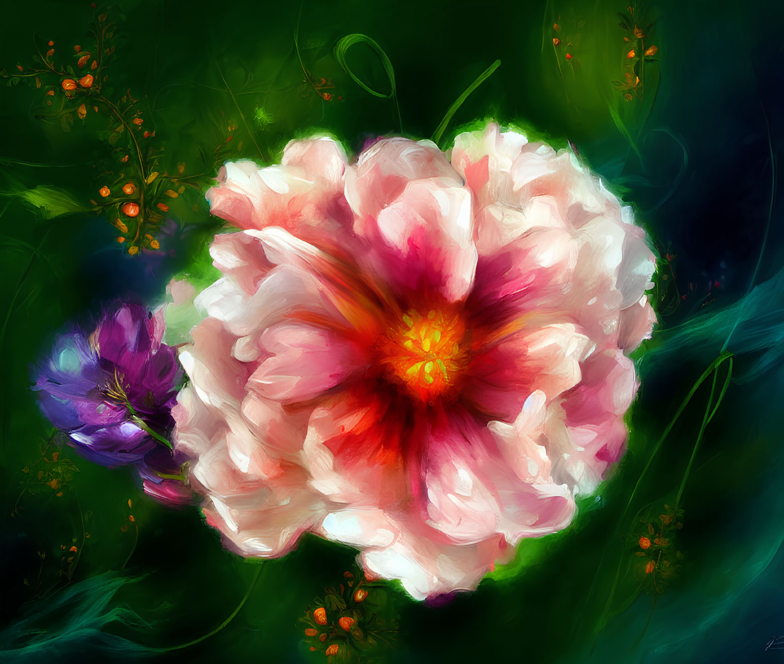 Vibrant blooming flower with luminous center in painterly style