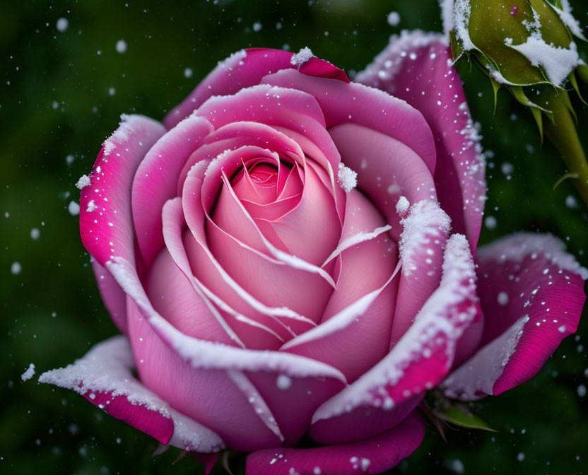 Pink Rose Covered in Fresh Snowflakes on Green Background