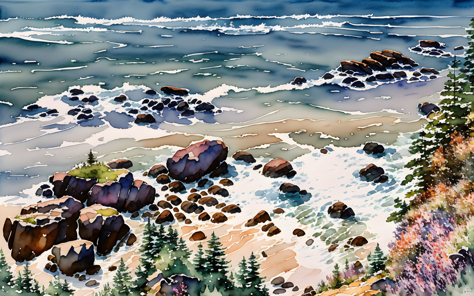 Rugged coastline watercolor painting with crashing waves, sandy beach, rocks, and greenery