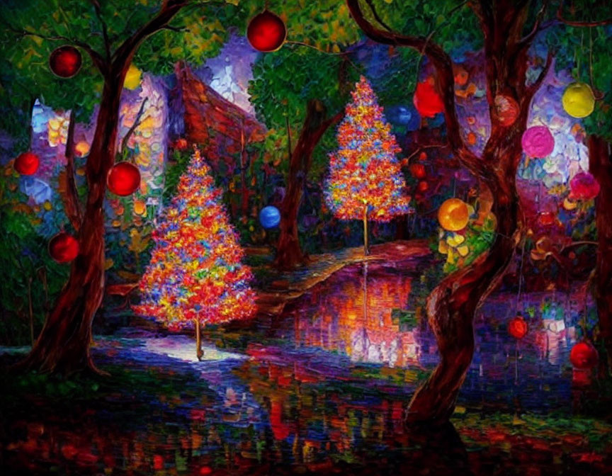 Colorful Impressionistic Painting of Magical Forest with Glowing Orbs and Reflective Waterway