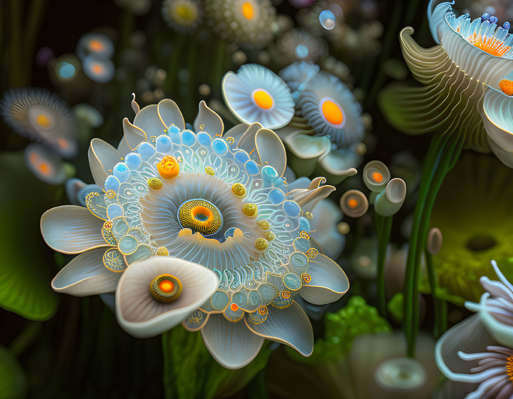 Vibrant surreal flower-like structures with intricate patterns