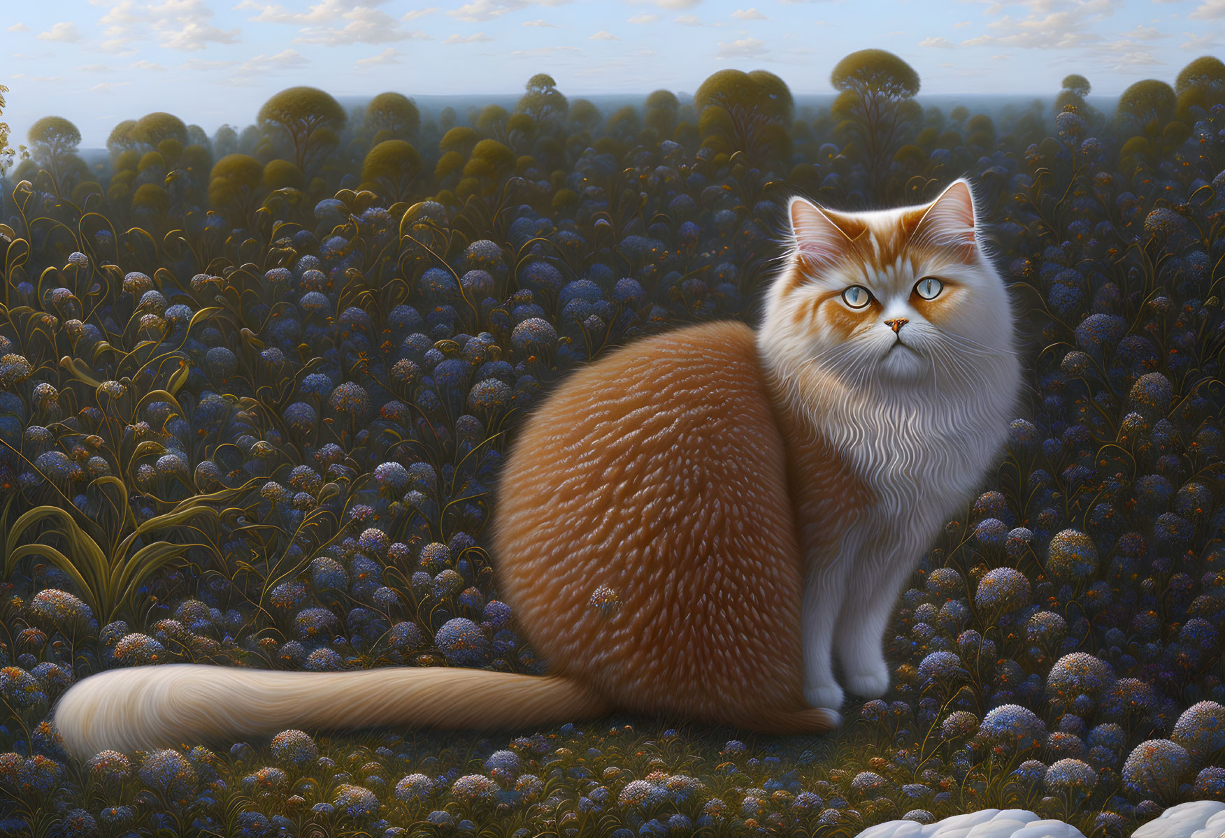 Fluffy orange and white cat in dreamy landscape with blue eyes