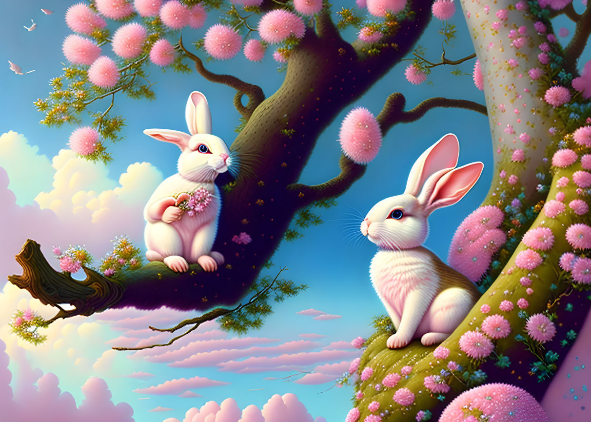 Cartoon rabbits in vibrant landscape with pink blossoms and blue sky