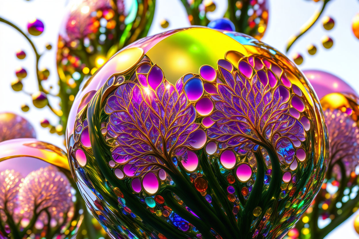 Colorful digital artwork: reflective spheres with tree patterns on vibrant, luminescent backdrop.