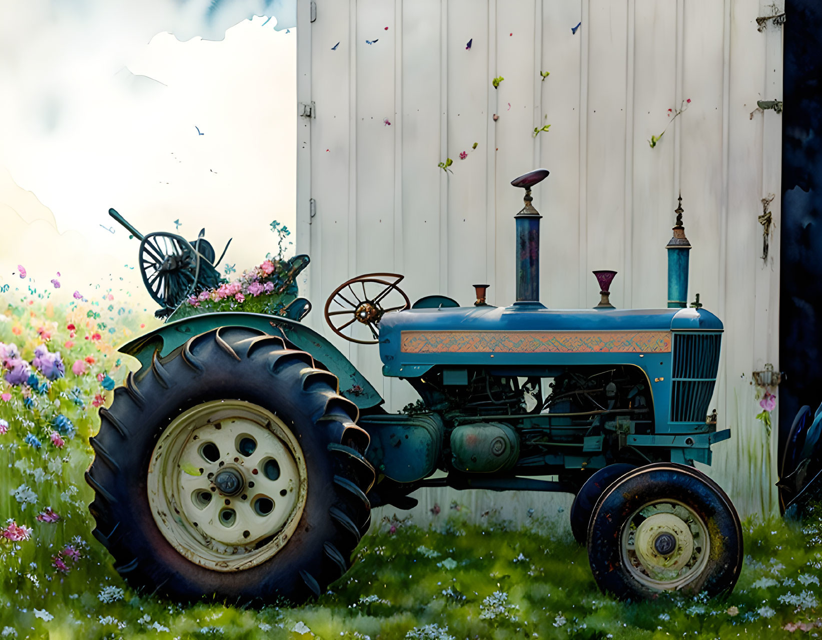 Vintage Blue Tractor in Colorful Meadow with White Fence