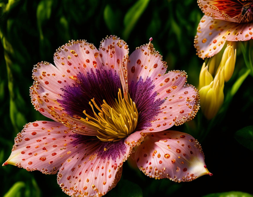 Vibrant pink flower with purple center and dotted petals in close-up view