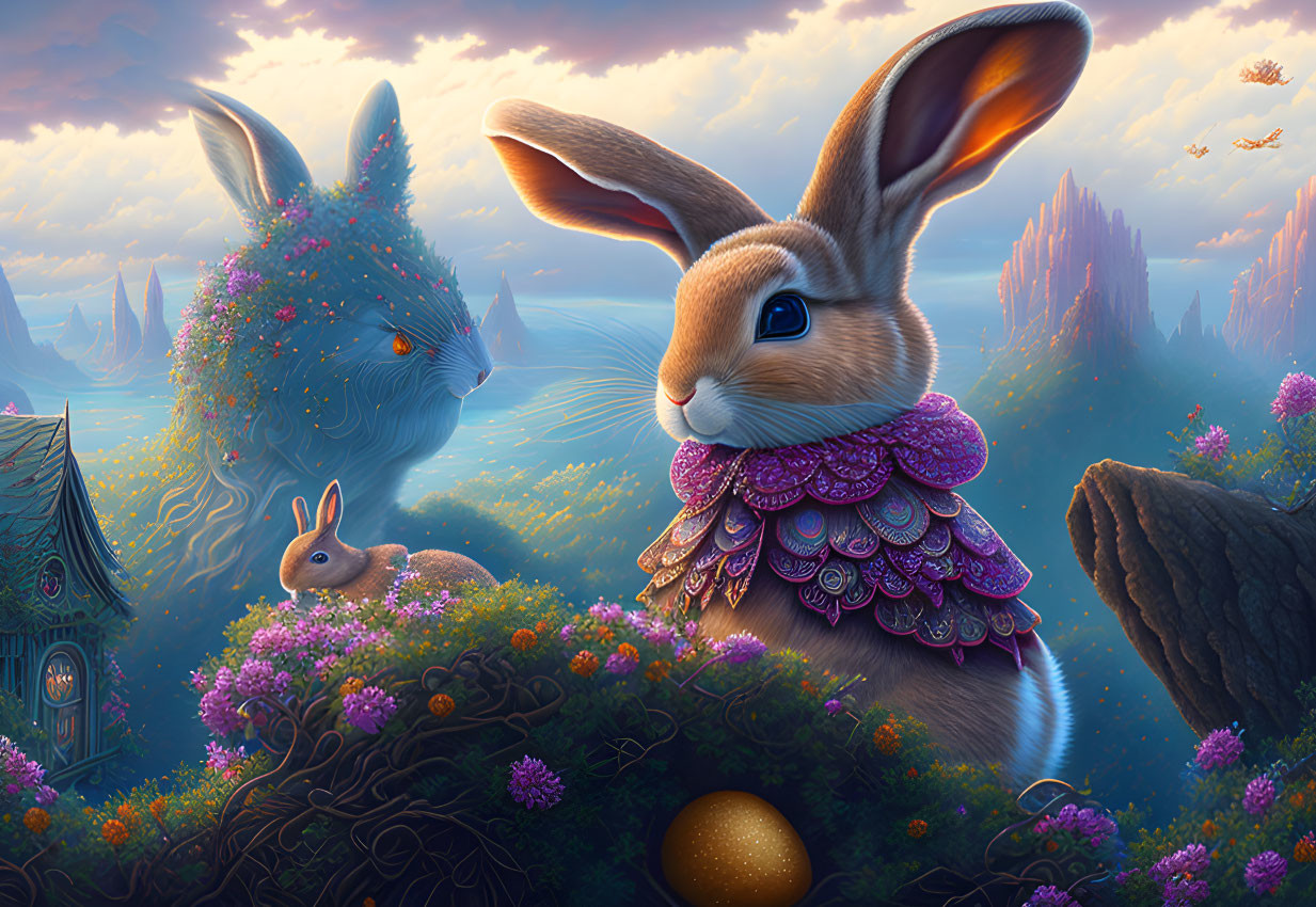 Illustration of rabbits in vibrant, mystical landscape with large rabbit, smaller one among flowers, and whims