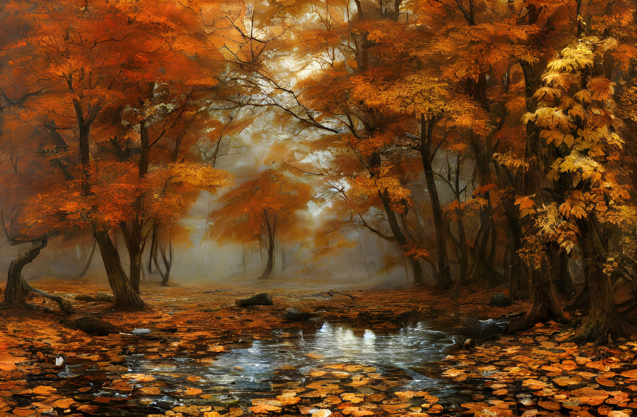 Tranquil autumn forest with misty background and pond reflection