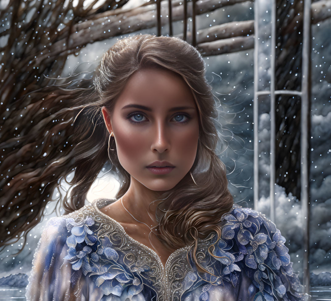 Blue-eyed woman in detailed blue and silver dress against snowy backdrop