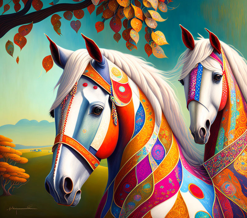 Colorful Decorated Horses in Autumn Landscape