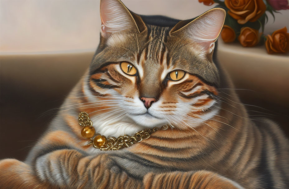 Realistic Painting of Domestic Cat with Amber Eyes and Gold Necklace on Rose Background