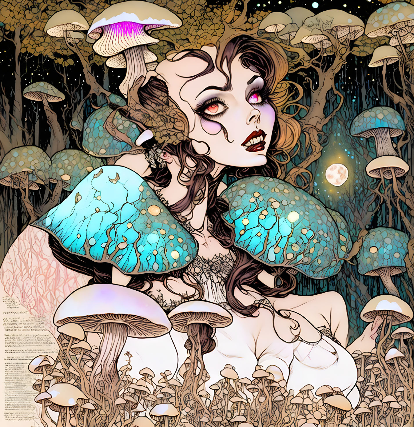 Illustration of woman with mushroom features in vibrant forest