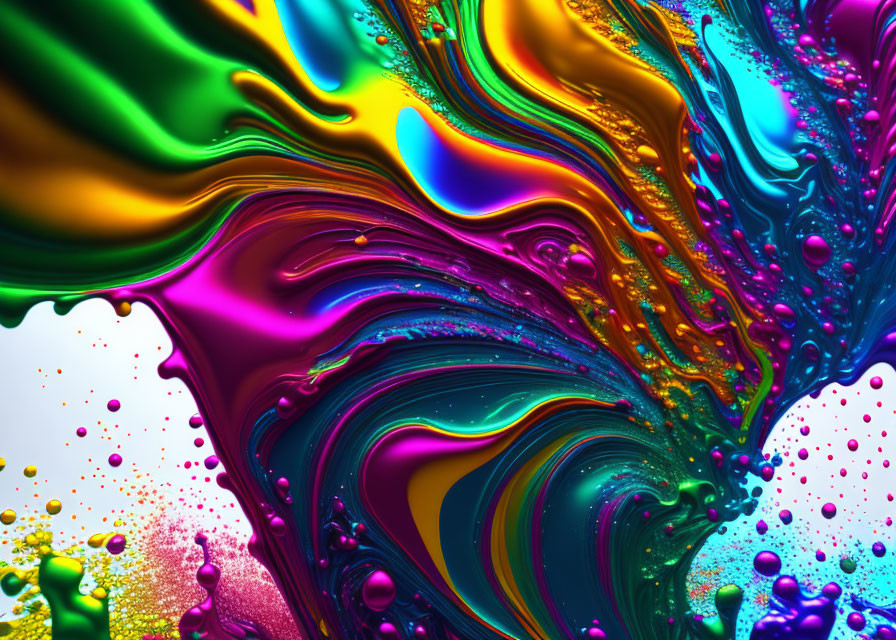 Neon-colored metallic swirls with scattered droplets in abstract art
