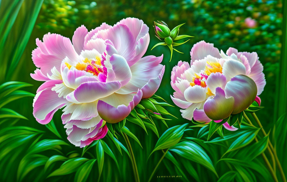 Detailed Pink and White Peony Flowers Illustration in Garden Setting