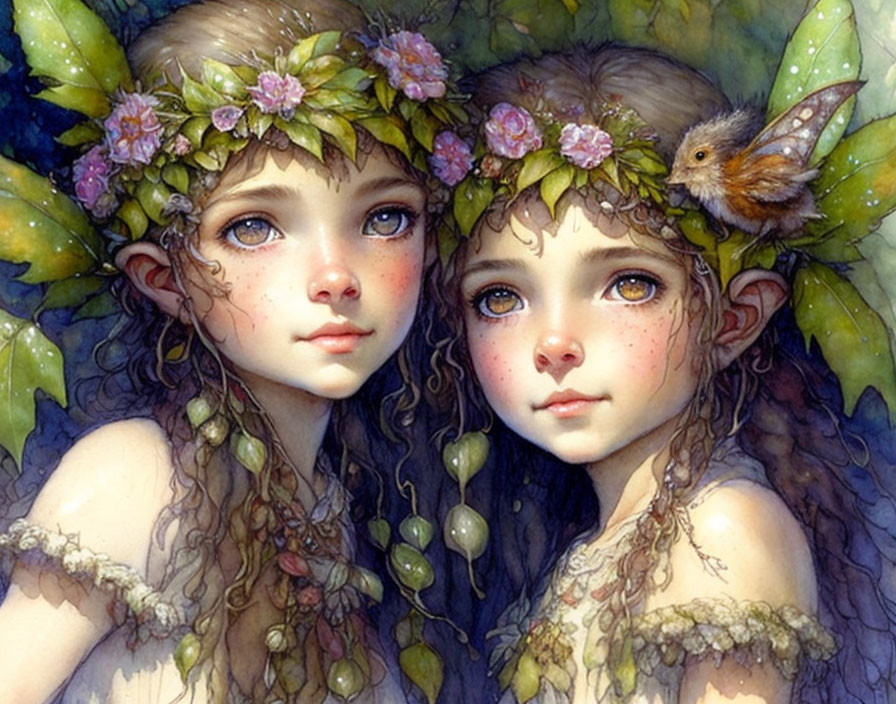 Two fairy-like children with floral wreaths and a small bird.