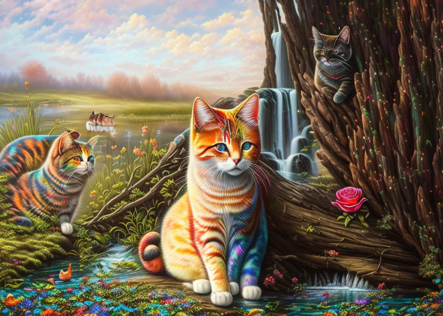 Colorful painting of whimsical cats in lush landscape with waterfall, trees, and rose